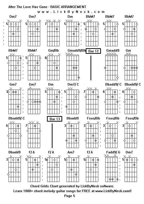 Chord Grids Chart of chord melody fingerstyle guitar song-After The Love Has Gone - BASIC ARRANGEMENT,generated by LickByNeck software.